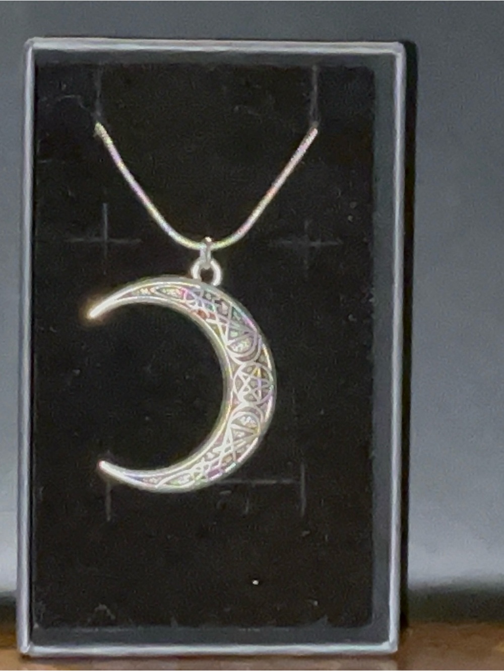 Silver Crescent Moon Pendant Necklace - Iridescent Filigree